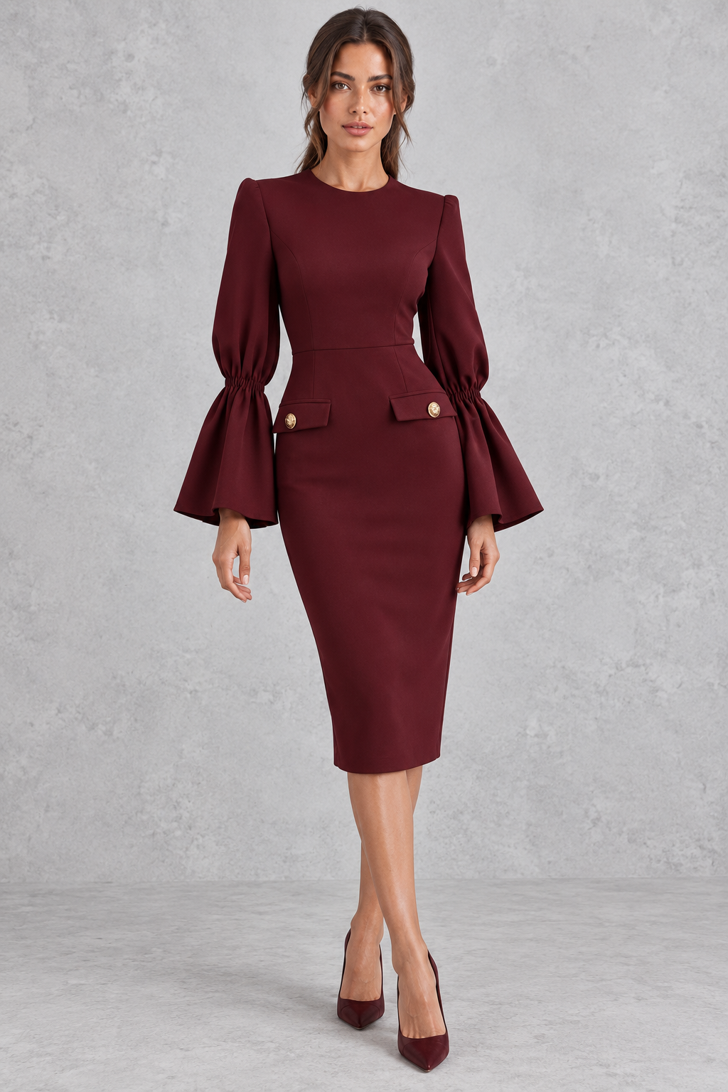 Women’s bodycon midi pencil dress with a classic round neckline, statement bell sleeves and a sleek fitted silhouette.