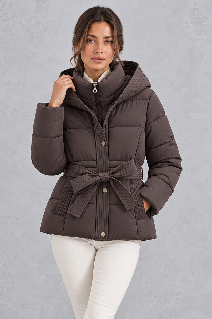 Women’s belted hooded quilted puffer jacket with warm padding, a high neckline, adjustable tie waist and practical side pockets.