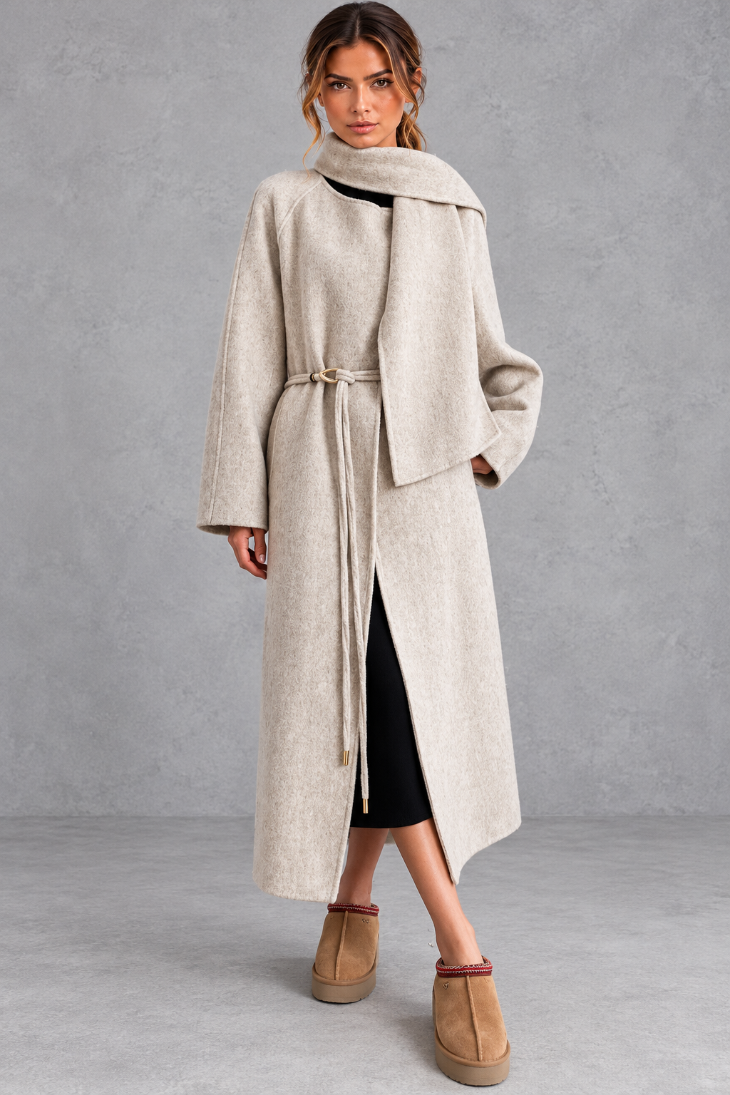 Women's belted wrap coat in Oatmeal – front view