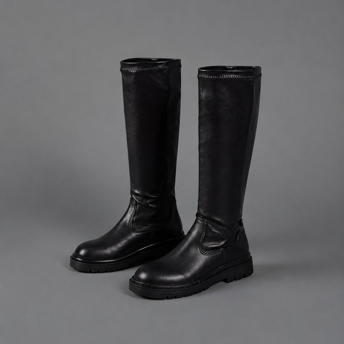 Women’s black faux leather mid-calf boots with pointed toes, low 3 cm heels and inside zip fastening.