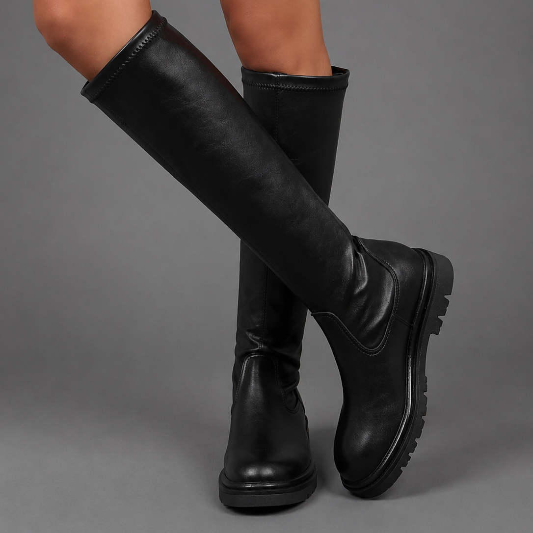 Women’s black faux leather mid-calf boots with pointed toes, low 3 cm heels and inside zip fastening.