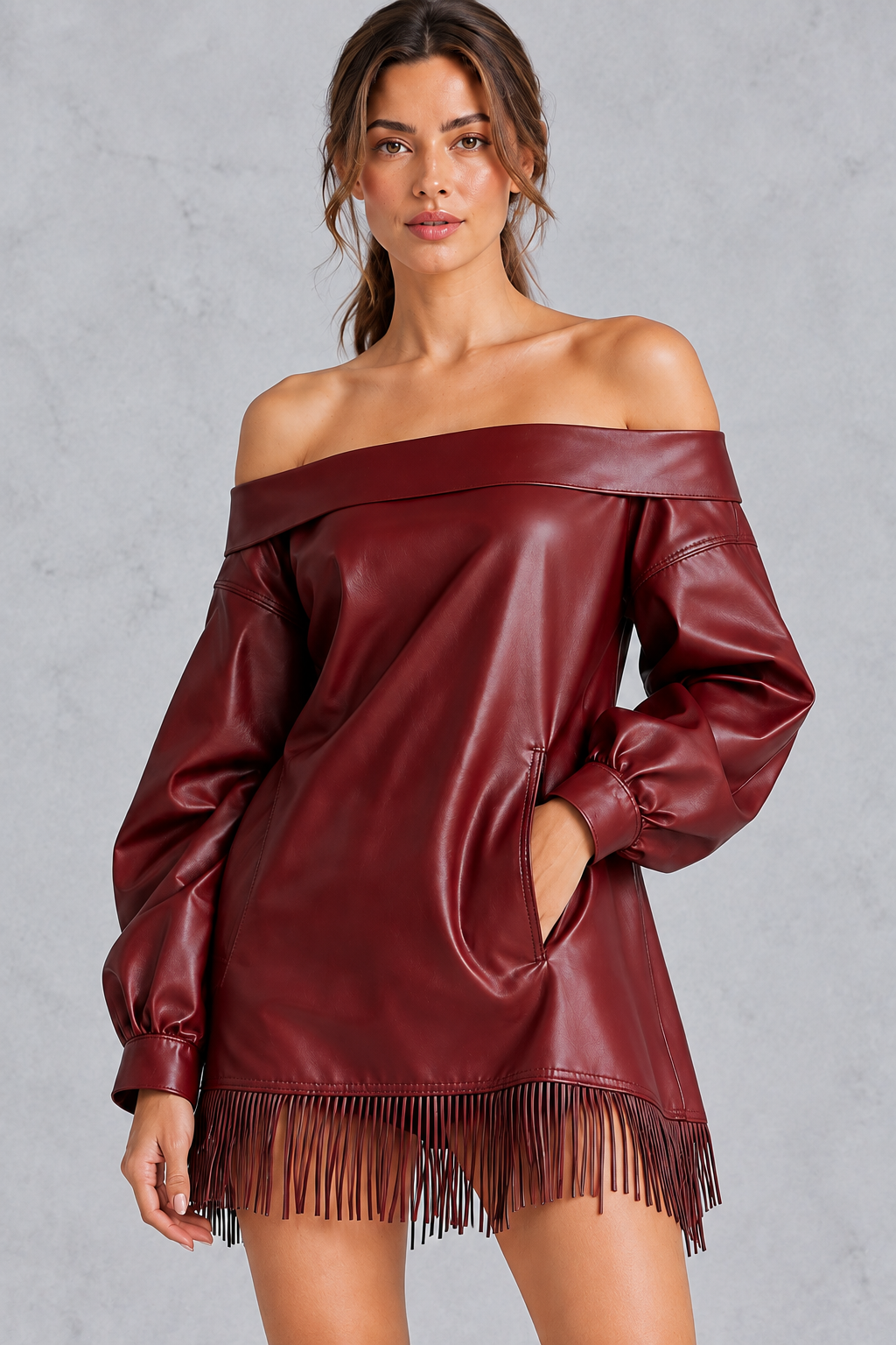 Women’s burgundy faux leather off-shoulder fringe mini dress with tassel hem – image 3
