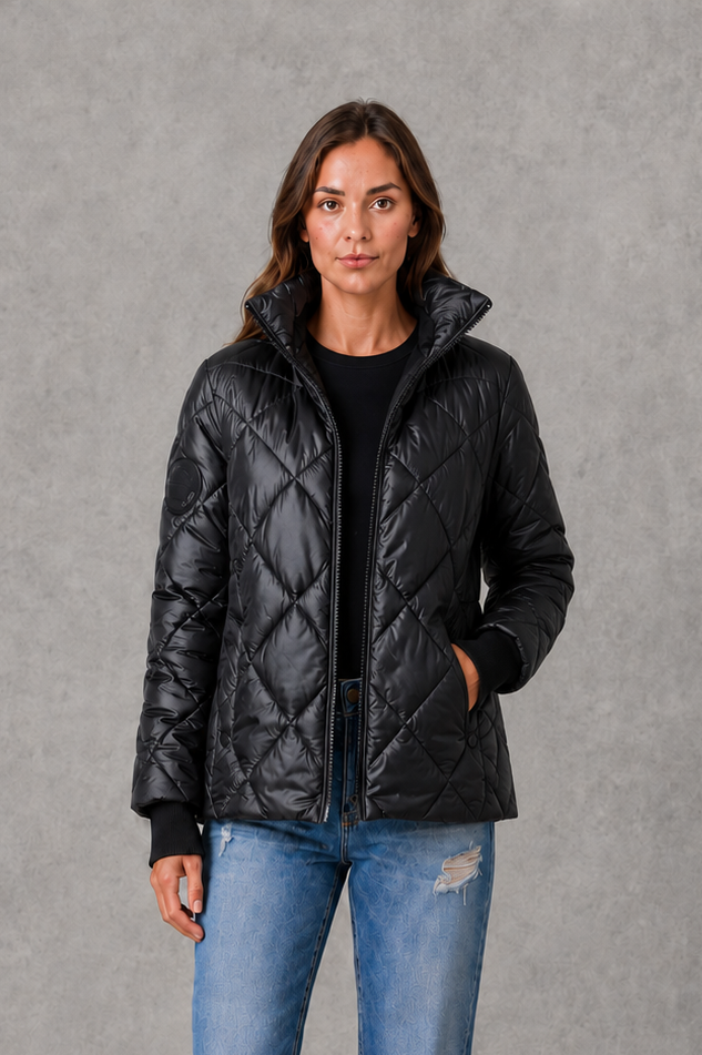 Women’s burgundy quilted puffer jacket with lightweight padding, a high collar, tailored silhouette and practical side pockets for winter wear.