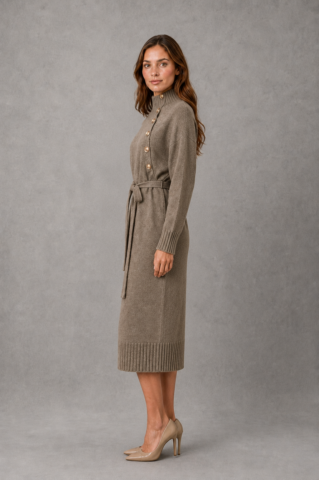 Women’s turtleneck knitted sweater dress with decorative button neckline, long sleeves and adjustable tie waist for autumn and winter.