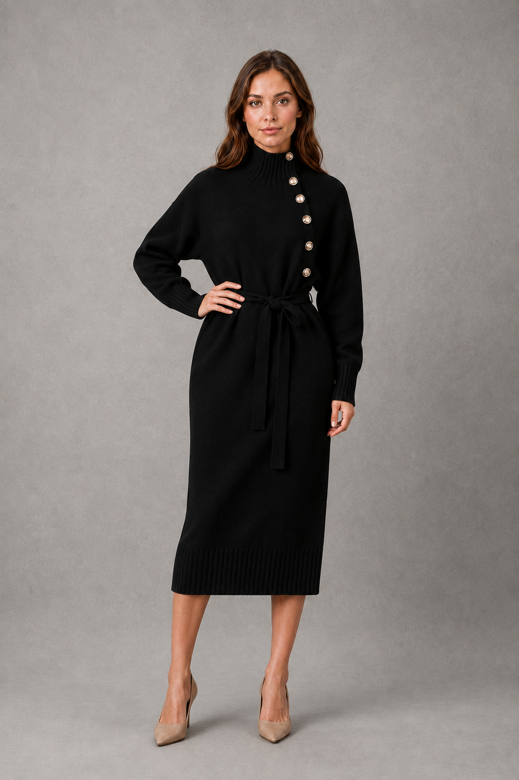 Women’s turtleneck knitted sweater dress with decorative button neckline, long sleeves and adjustable tie waist for autumn and winter.