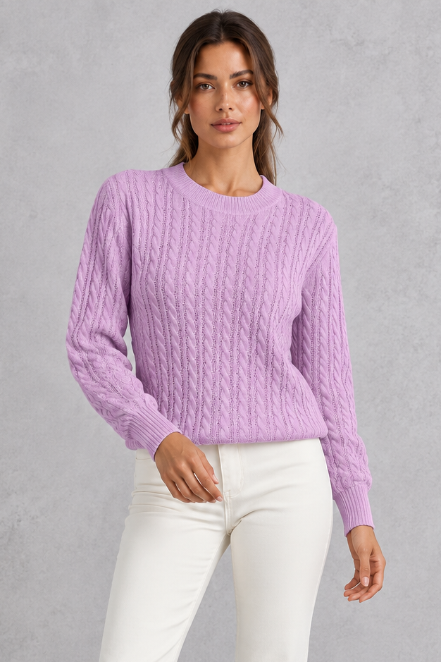 Women's cable-knit round-neck jumper in Lilac – front view