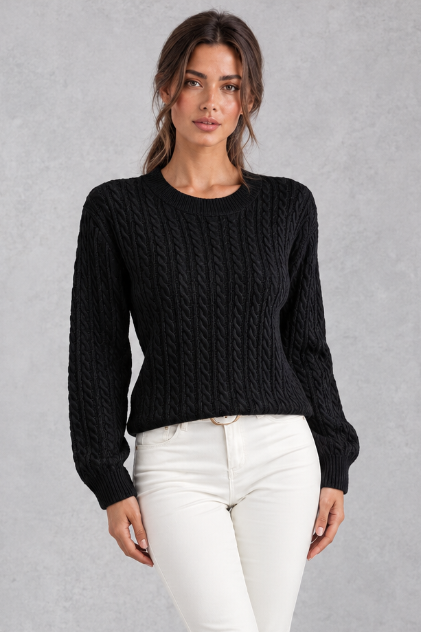 Women's cable-knit round-neck jumper in Black – front view