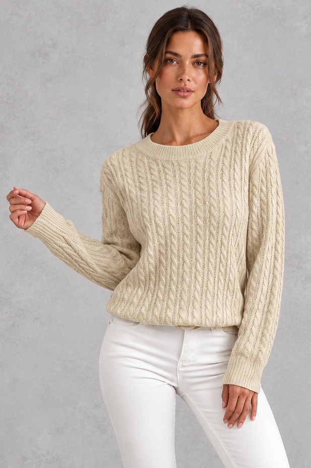 Women's cable-knit round-neck jumper in Oatmeal – front view