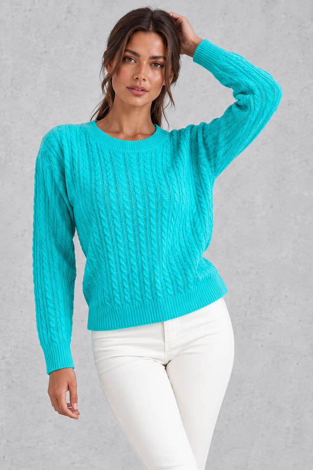 Women's cable-knit round-neck jumper in Turquoise – front view