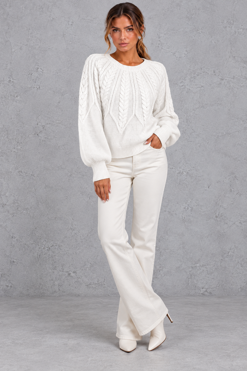 Women's cable-knit round-neck jumper in White – full-length view