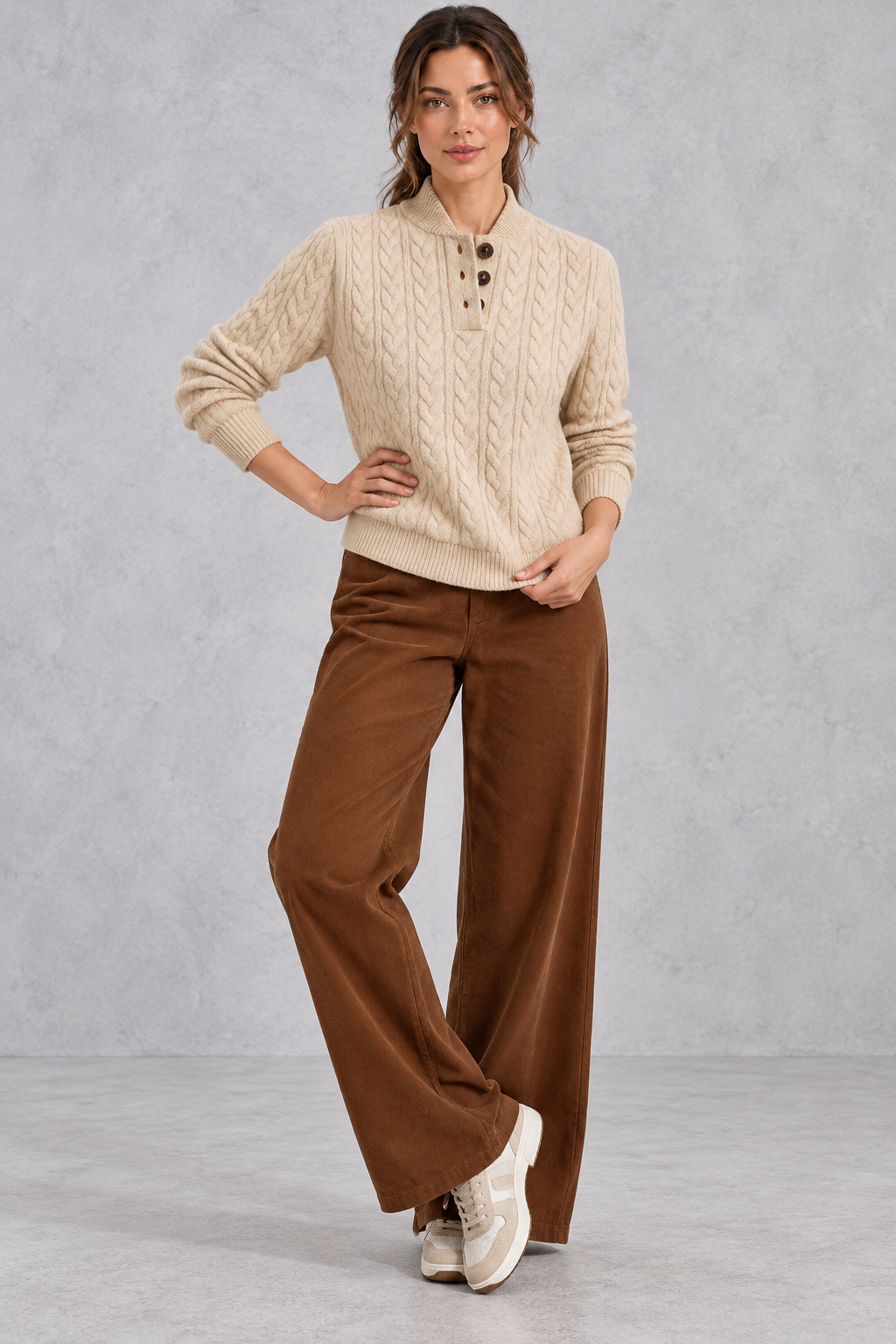 Women's khaki cable knit button neck jumper with brown wide leg trousers – full-length view