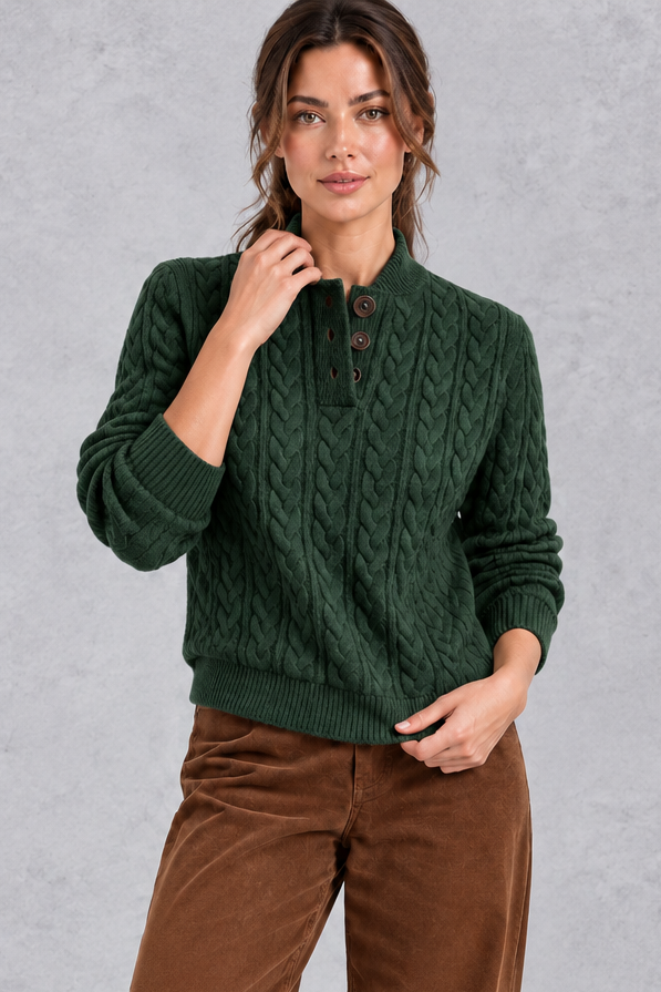 Women's green cable knit button neck jumper – front view