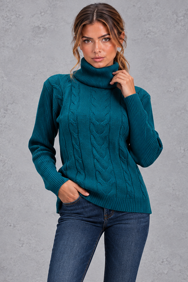 Women's cable knit roll neck jumper in Teal – front view