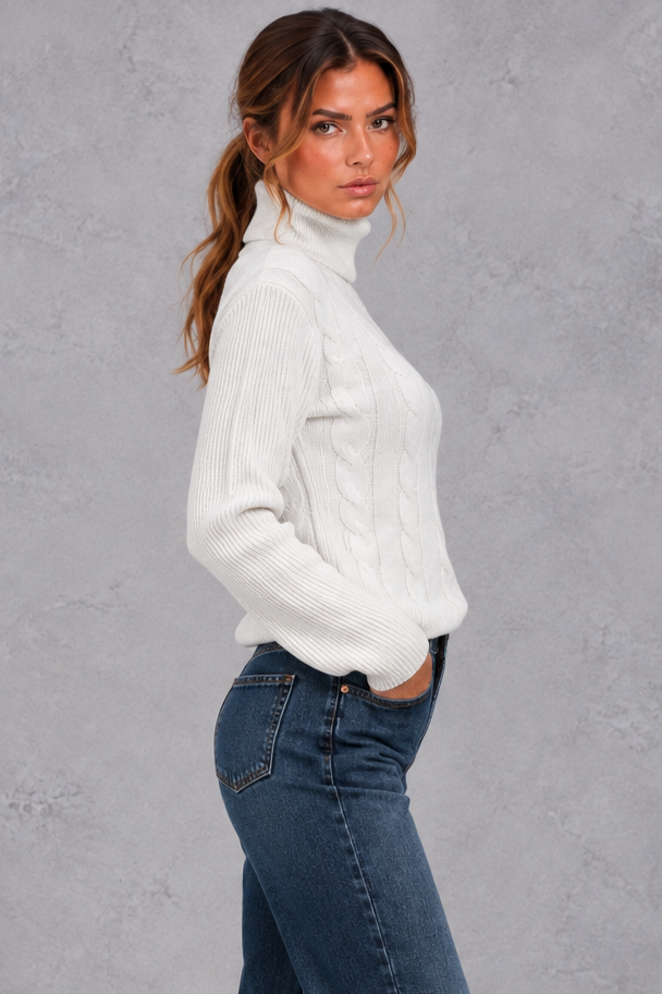 Women's cable knit roll neck jumper in White – side view