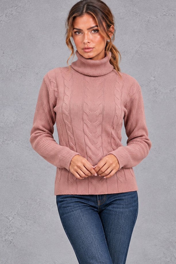 Women's cable knit roll neck jumper in Pink – front view