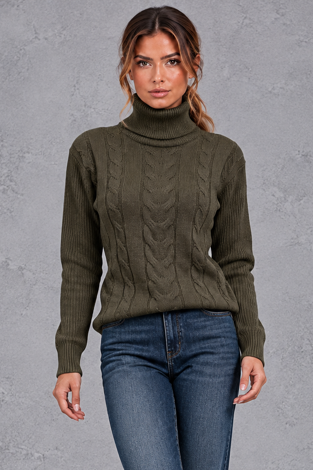 Women's cable knit roll neck jumper in Olive – front view