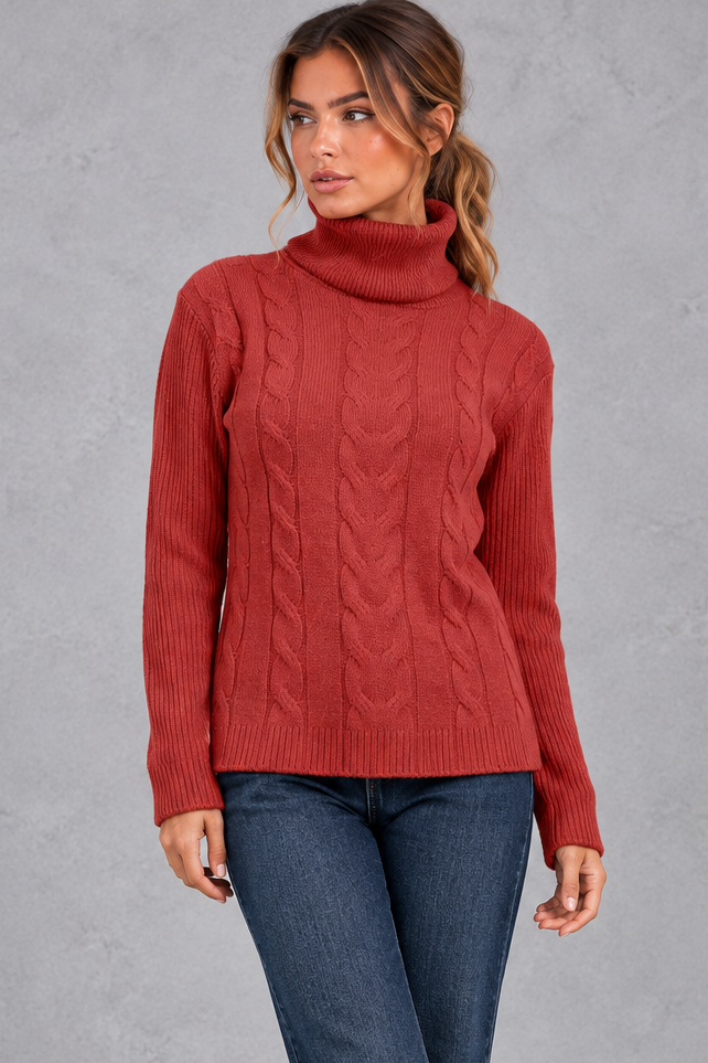 Women's cable knit roll neck jumper in Brick Red – front view