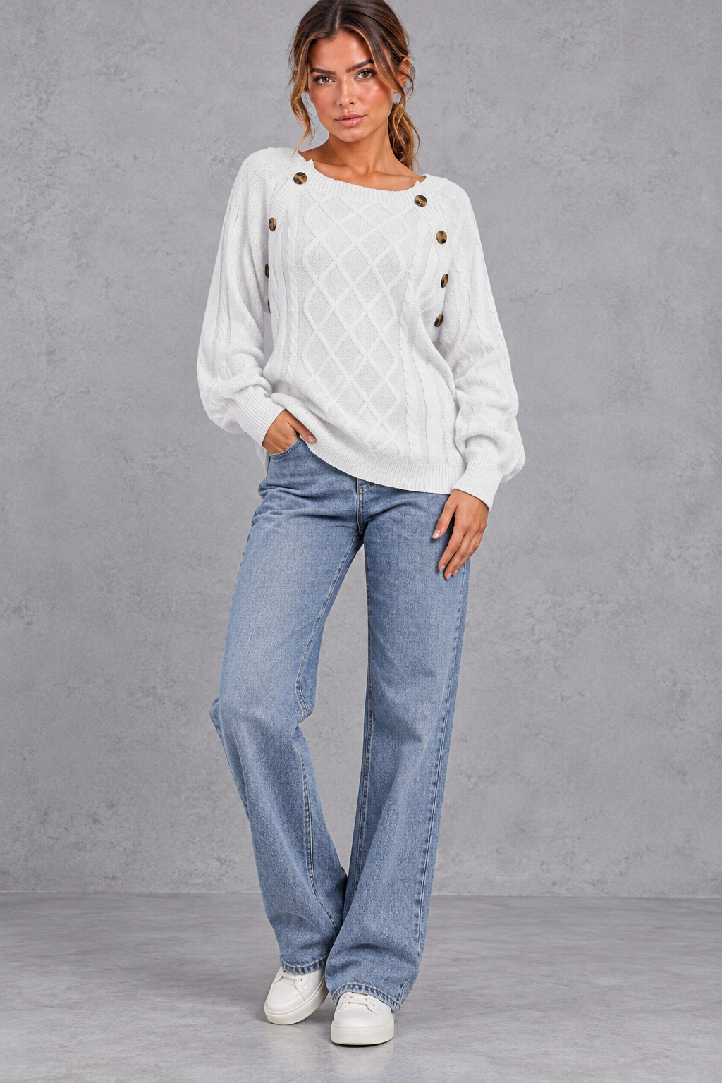 Women's white button shoulder cable knit jumper – full-length view
