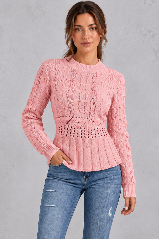 Women's pink cable knit peplum jumper – front view