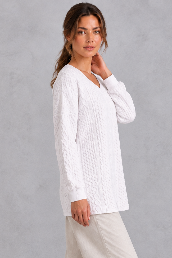 Women's white cable V-neck tunic jumper – side view