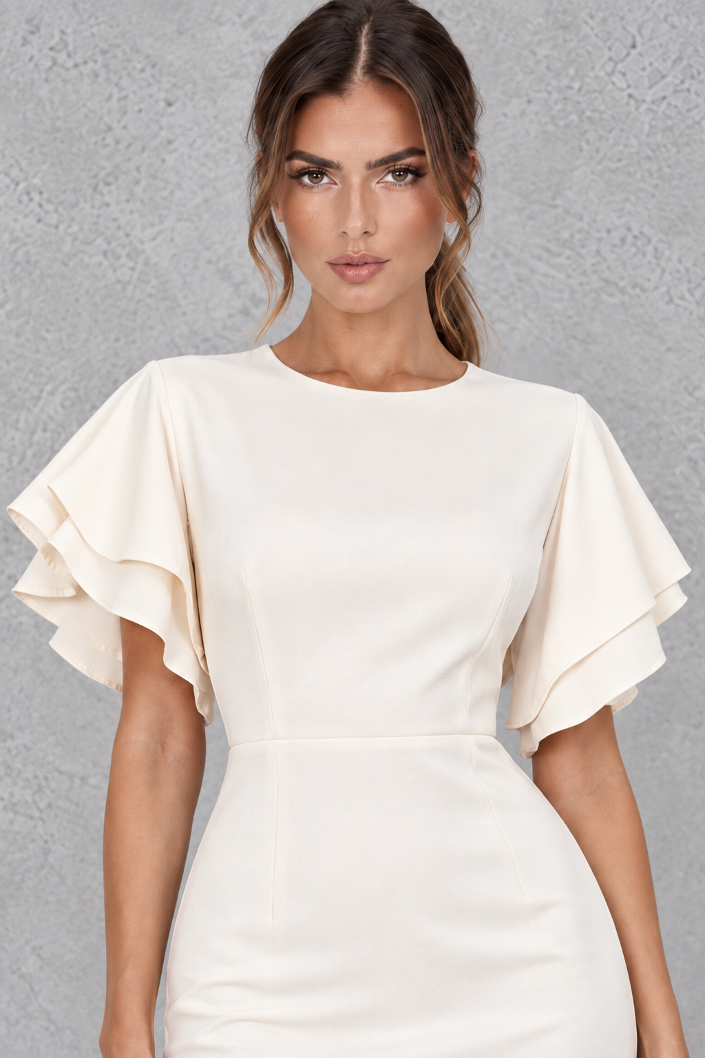 Women’s bodycon midi pencil dress with a round neckline, contrasting check-pattern sleeves, slim fit and elegant midi silhouette.