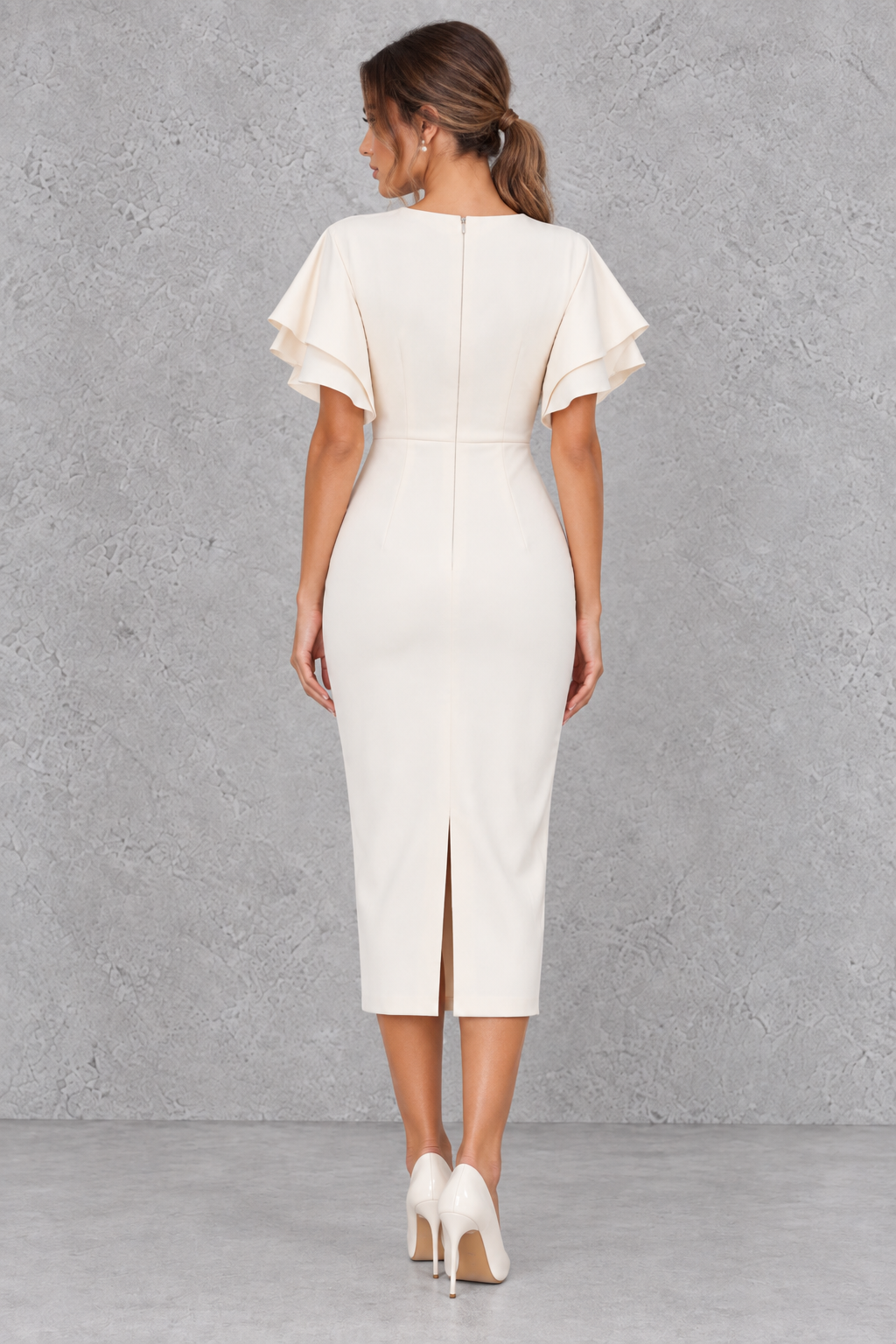 Women’s bodycon midi pencil dress with a round neckline, contrasting check-pattern sleeves, slim fit and elegant midi silhouette.