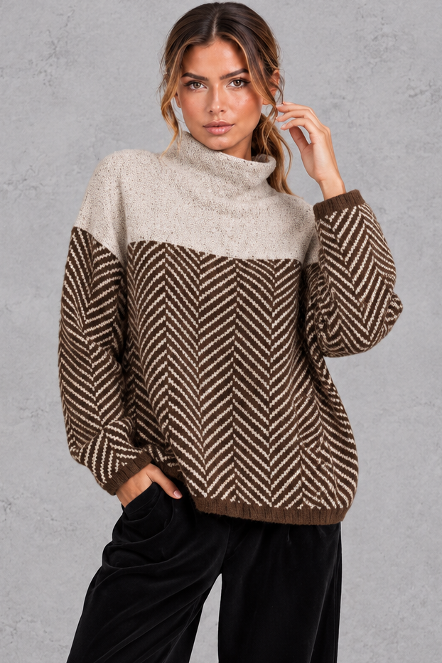 Women's chevron knit mock neck jumper in Brown – front view