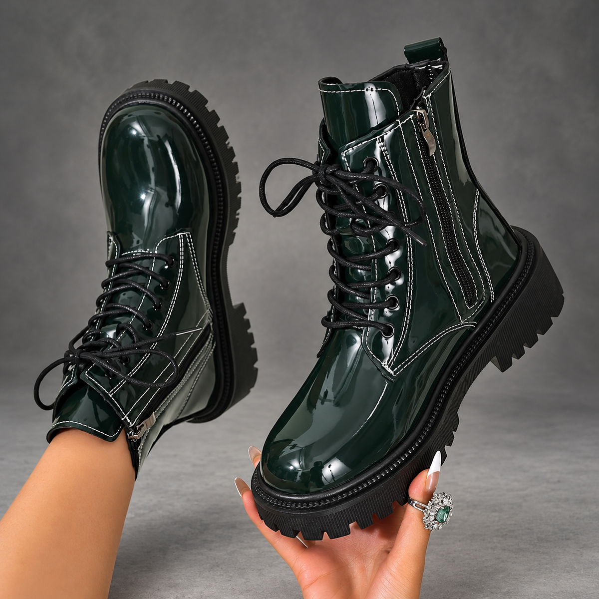Women's Patent Lace-Up Ankle Boots – Side Zip Block Heel Winter Shoes – Dark Green – side zip and sole view