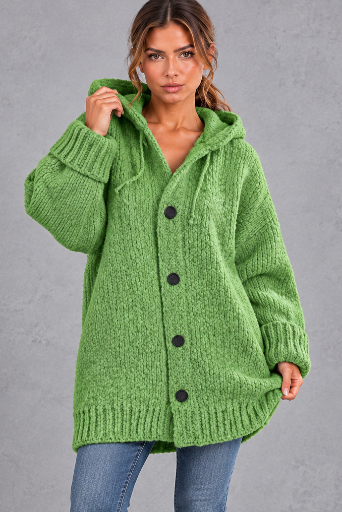 Women's chunky knit hooded cardigan in Green – front view