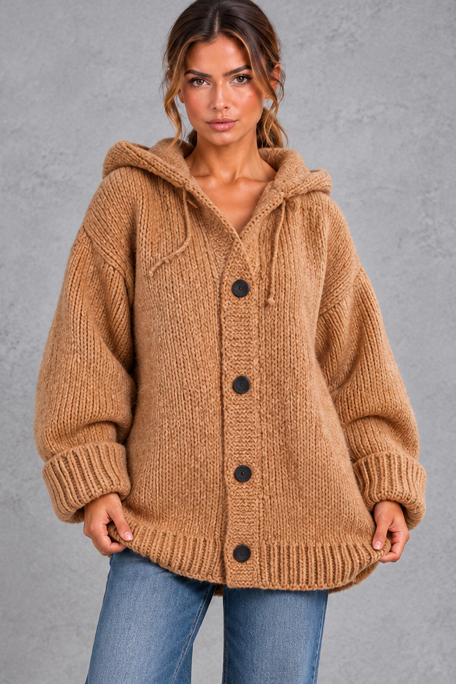 Women's chunky knit hooded cardigan in Camel – front view