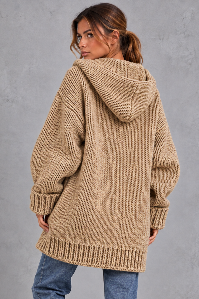 Women's chunky knit hooded cardigan in Khaki – back view