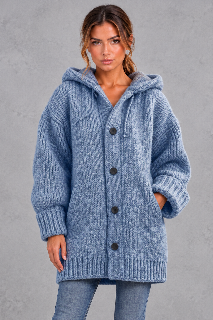 Women's chunky knit hooded cardigan in Blue – front view