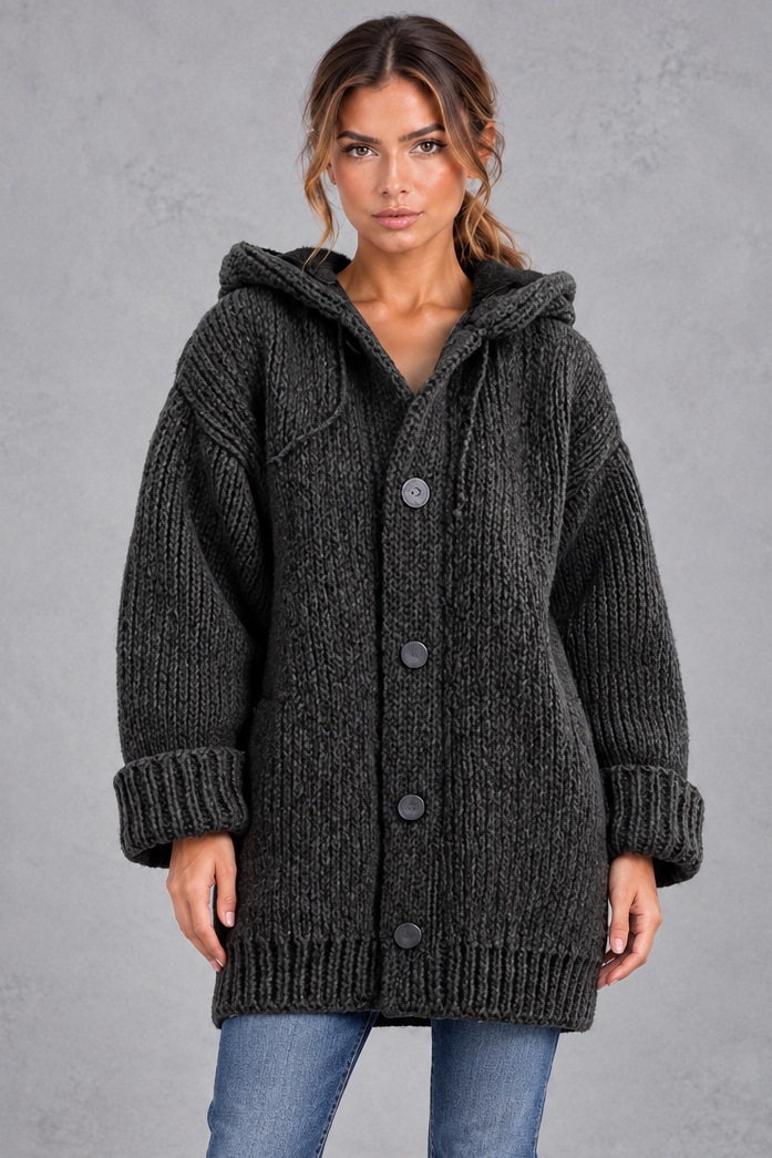 Women's chunky knit hooded cardigan in Black – front view