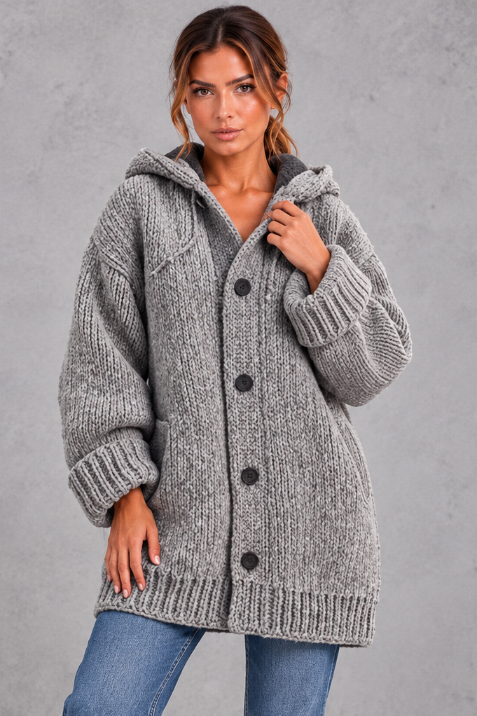 Women's chunky knit hooded cardigan in Grey – front view