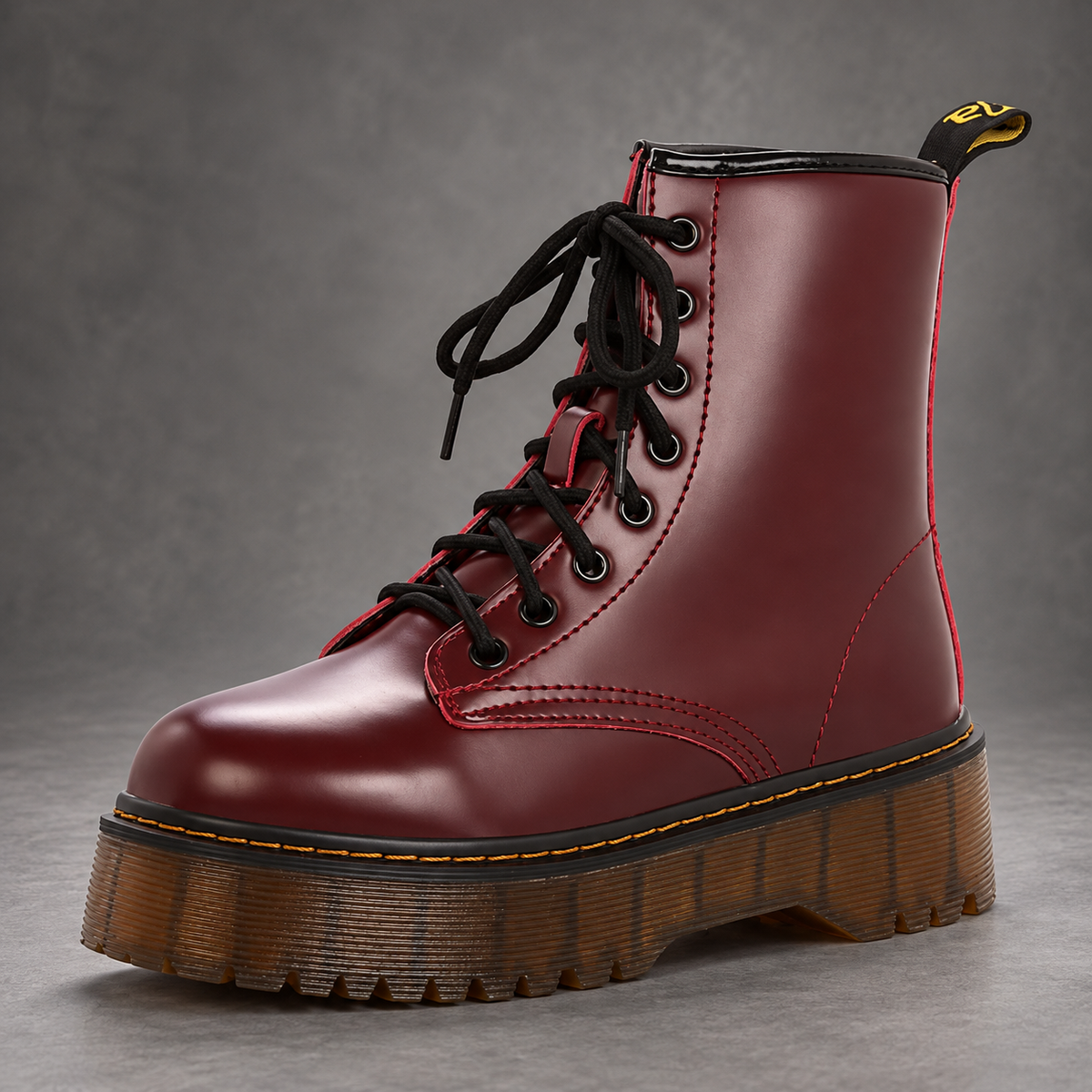 Women’s Platform Combat Boots – Lace-Up Side Zip Chunky Sole Ankle Shoes – Red – side angle view