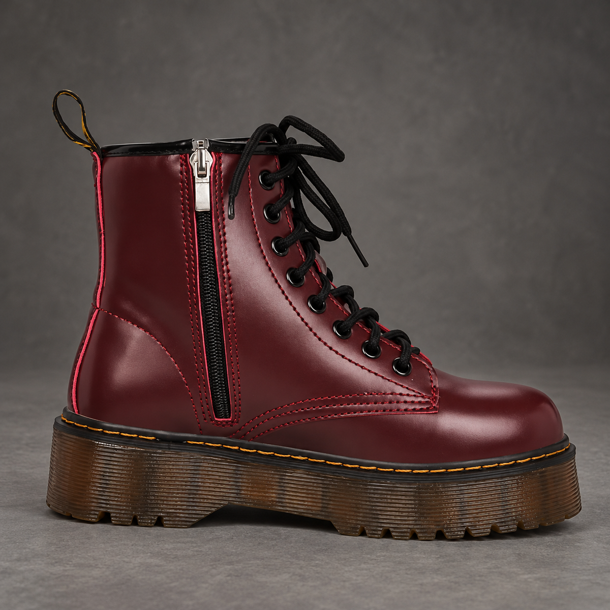 Women’s Platform Combat Boots – Lace-Up Side Zip Chunky Sole Ankle Shoes – Red – side zip view