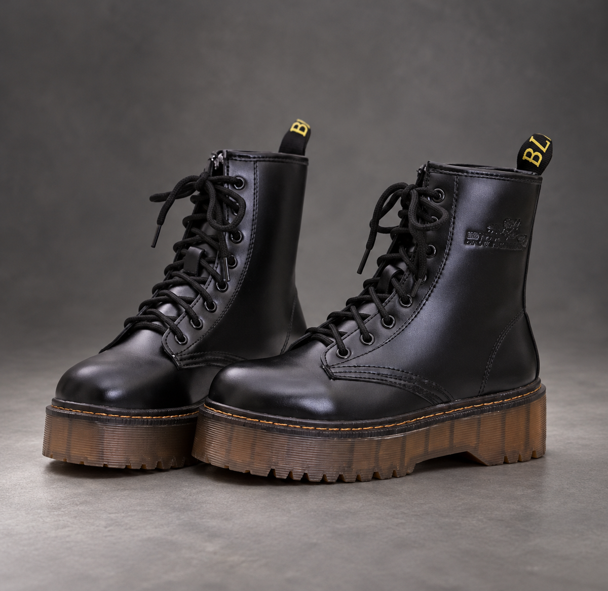 Women’s Platform Combat Boots – Lace-Up Side Zip Chunky Sole Ankle Shoes – Black – front pair view