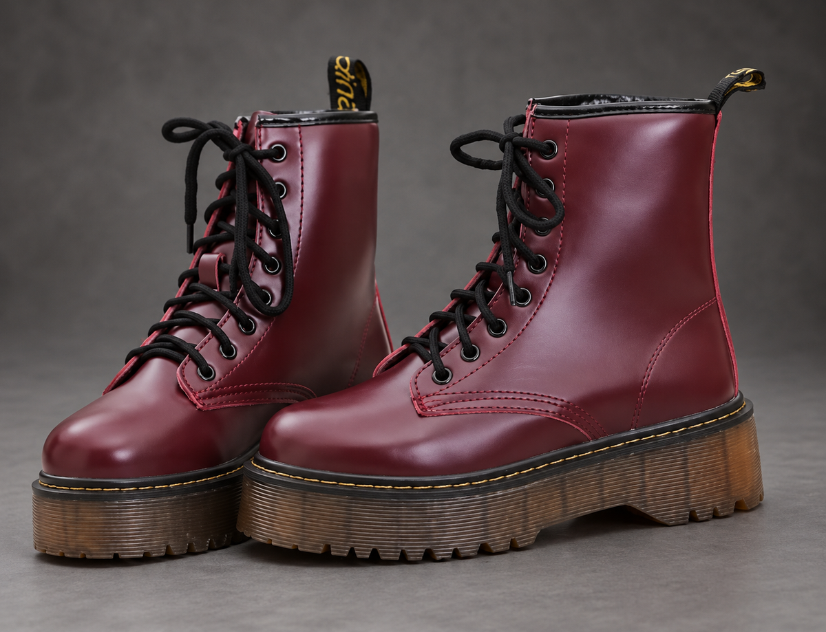 Women’s Platform Combat Boots – Lace-Up Side Zip Chunky Sole Ankle Shoes – Red – front pair view