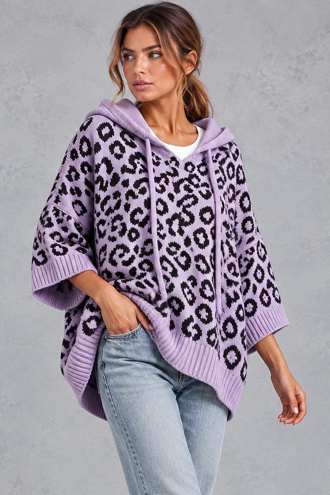 Women's purple leopard print knit hooded jumper with drawstring – front view