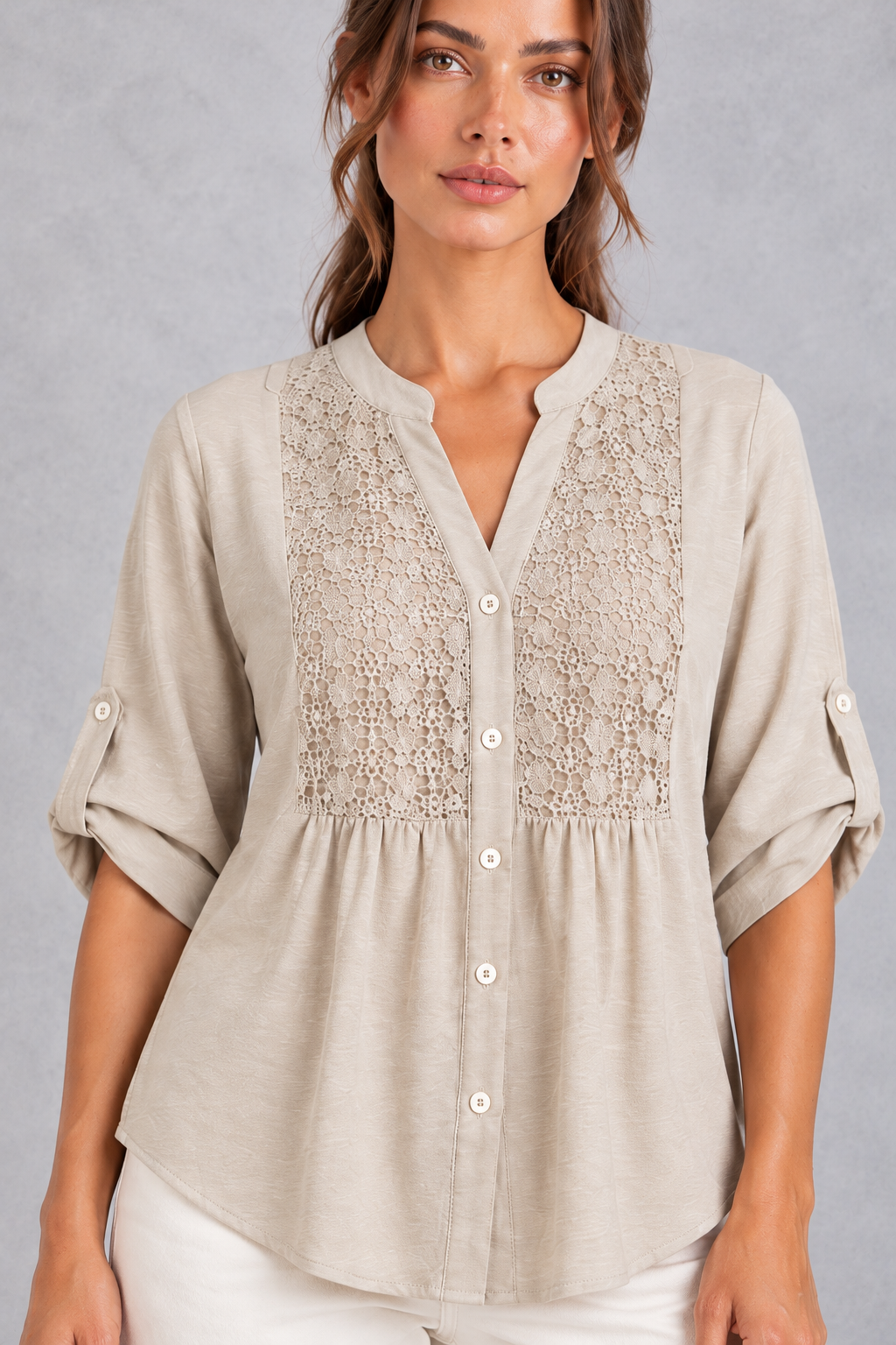 Women's Floral Lace Blouse in Beige – view 3