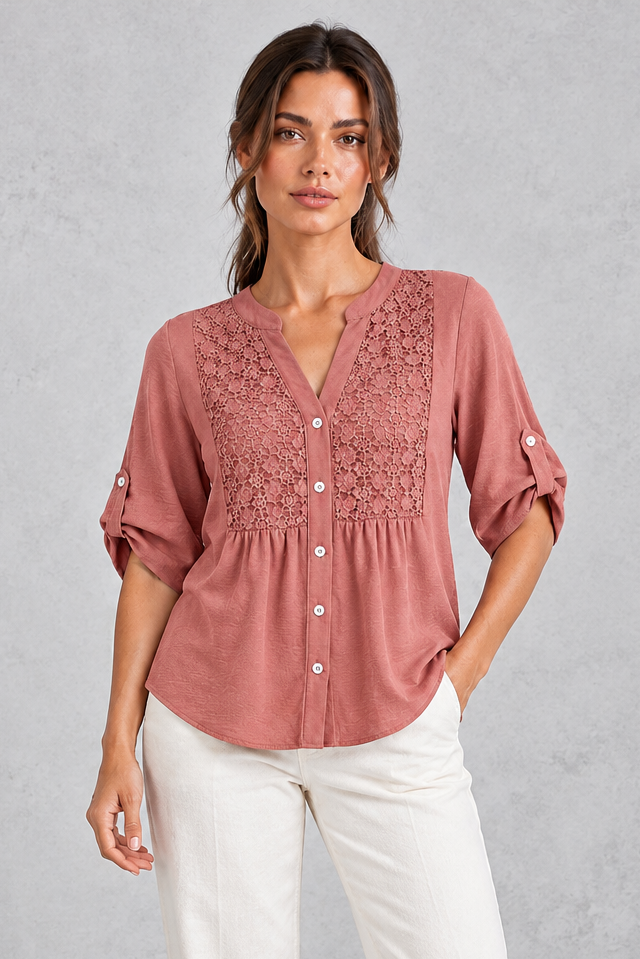 Women's Floral Lace Blouse in Dusty Rose