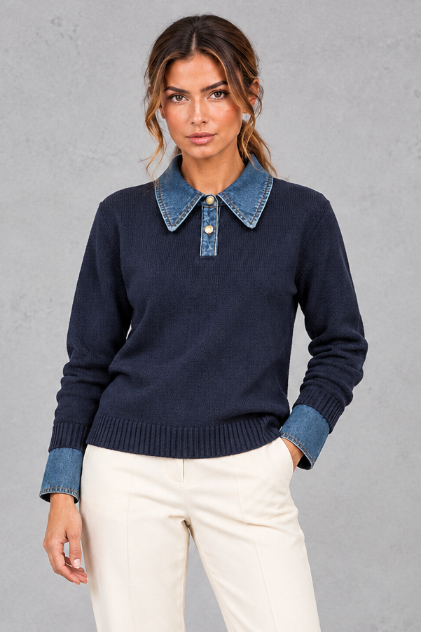 Women's Cotton Knit Jumper with Denim Collar in Navy – front view