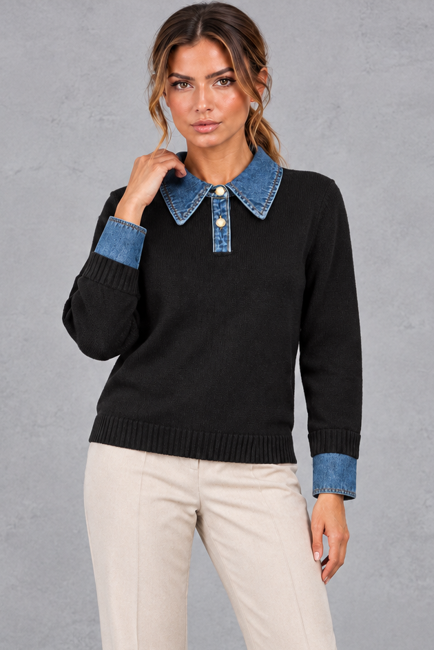 Women's Cotton Knit Jumper with Denim Collar in Black – front view