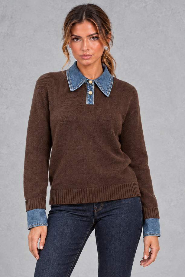 Women's Cotton Knit Jumper with Denim Collar in Brown – front view