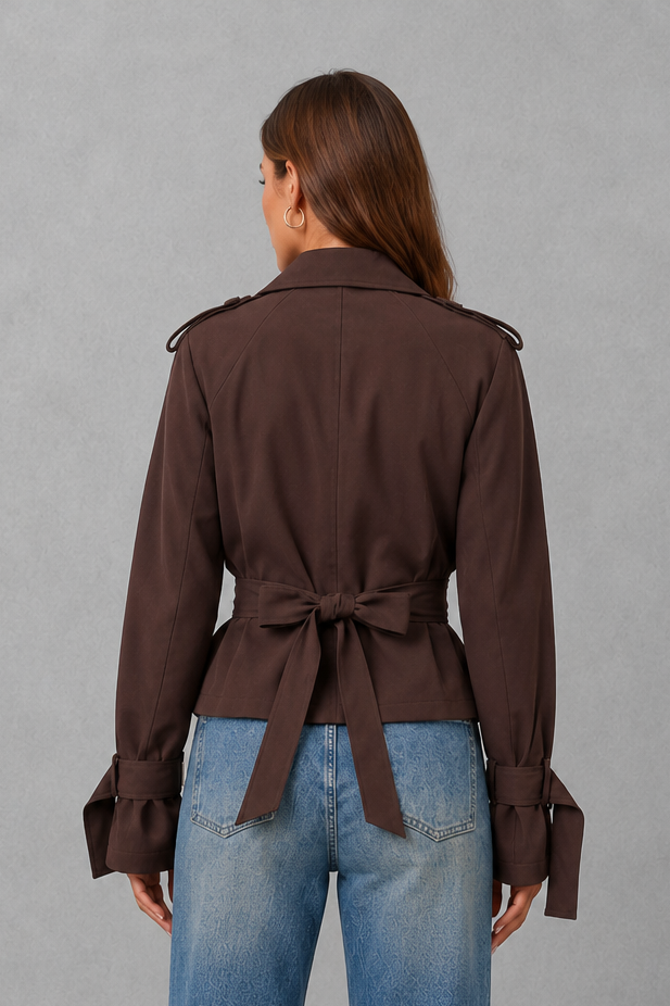 Women’s cotton short trench jacket with double-breasted button front, notch lapels, long sleeves and adjustable belted waist.