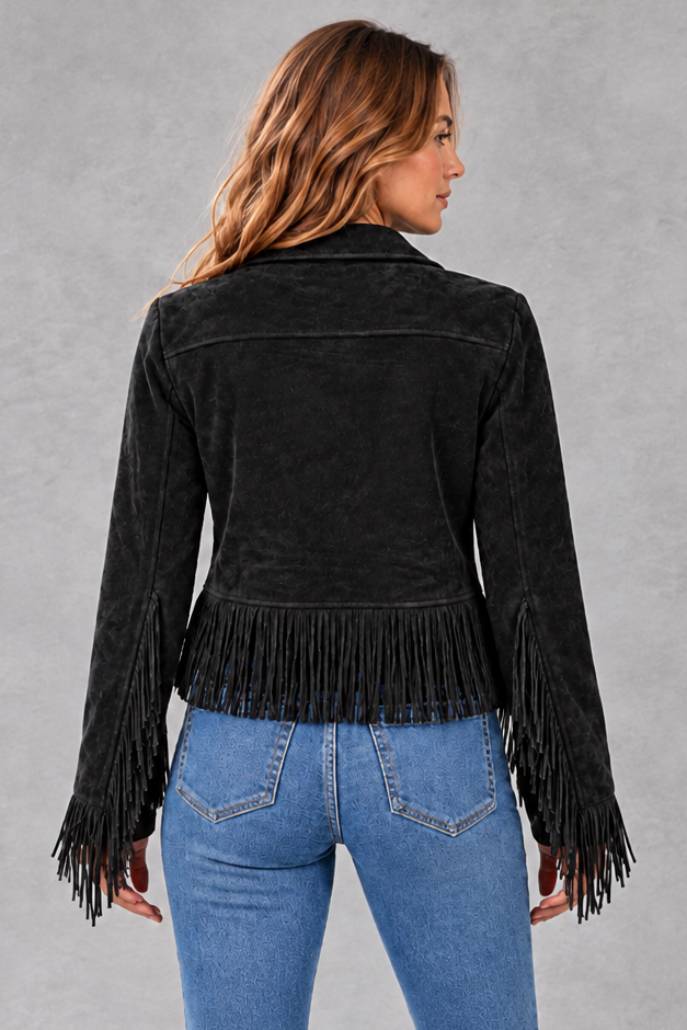 Women's Cropped Suede-Look Fringe Jacket in Black – back view