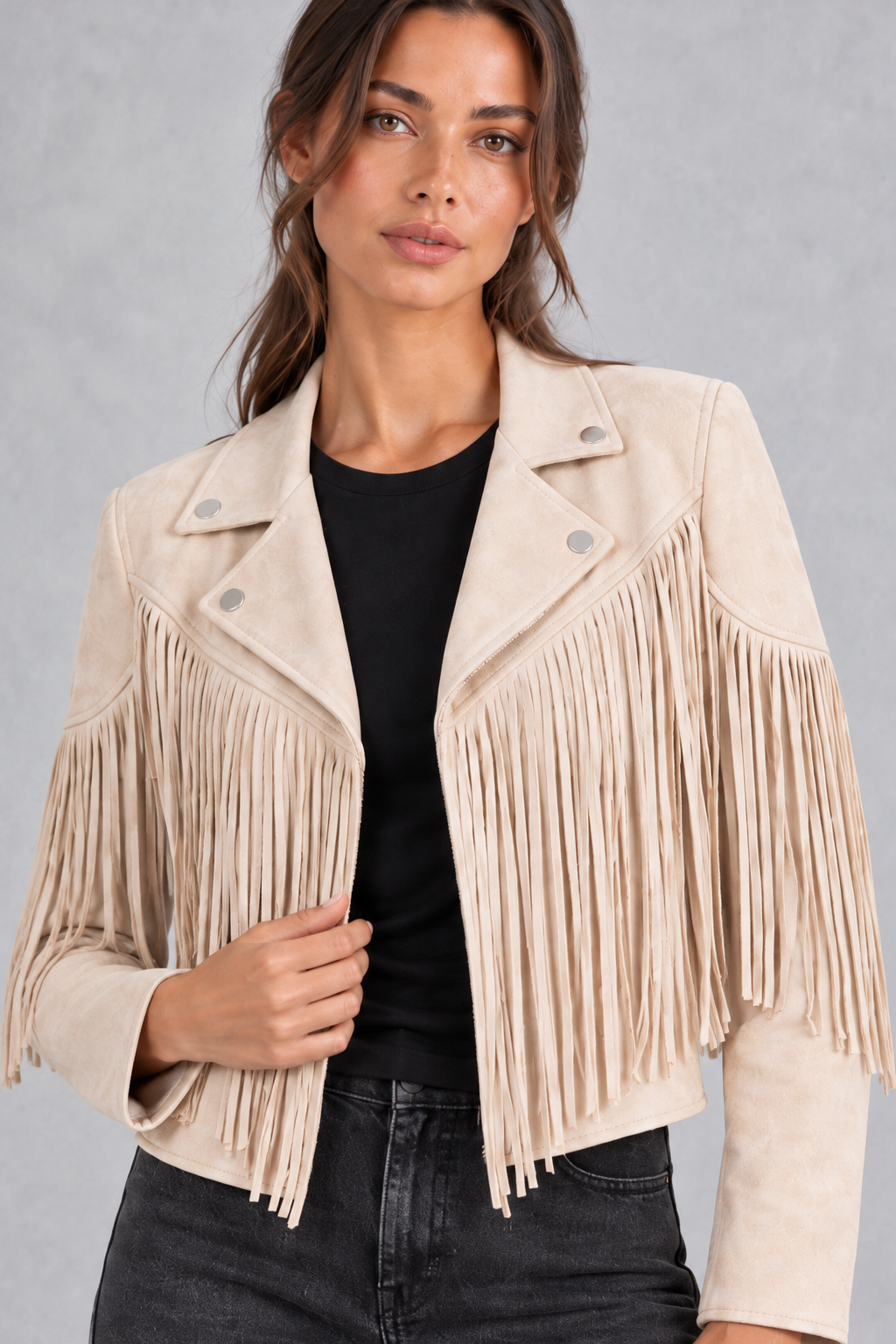 Women's Cropped Suede Fringe Jacket in White – close-up