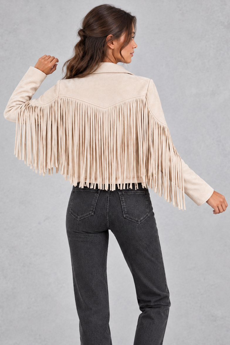 Women's Cropped Suede Fringe Jacket in White – back view