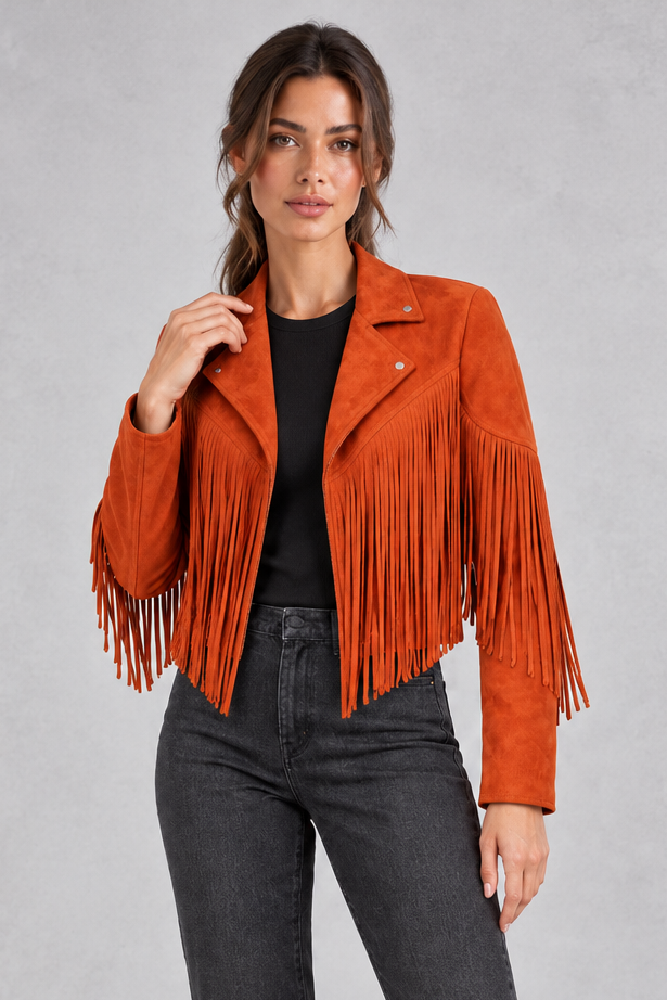 Women's Cropped Suede Fringe Jacket in Orange – front view