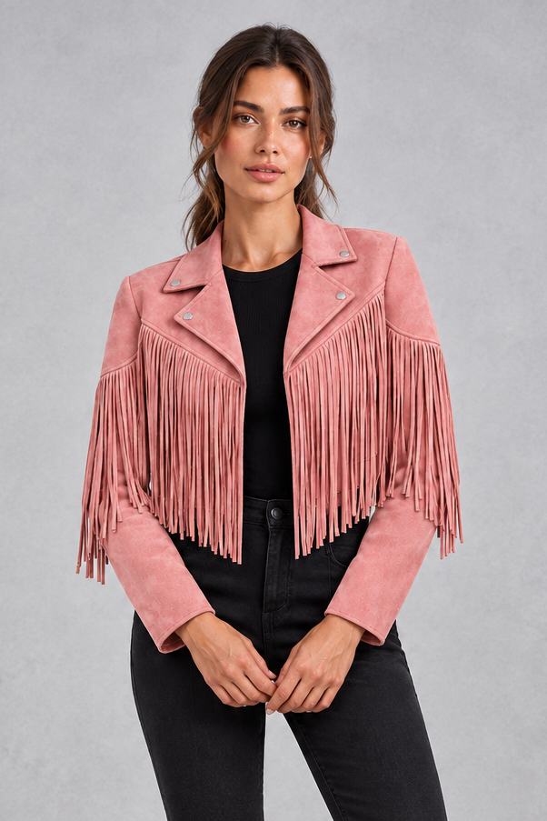 Women's Cropped Suede Fringe Jacket in Pink – front view